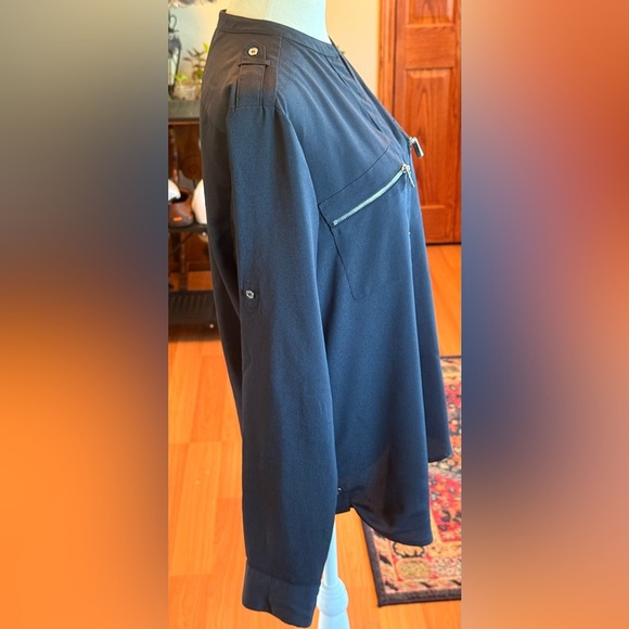 CALVIN KLEIN Women Thin Light Slippery Poly Blouse 2-Way Sleeve Black/Gray Med - Picture 9 of 11